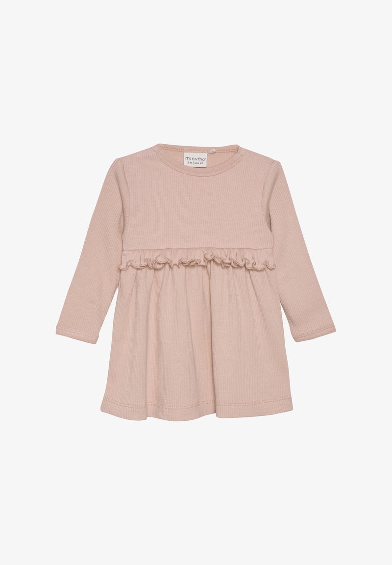 Langärmliges Kleid aus weichem, beigem Rippstoff mit einer gerafften Stufe auf Taillenhöhe. Abgerundeter Ausschnitt und elastische Bündchen.