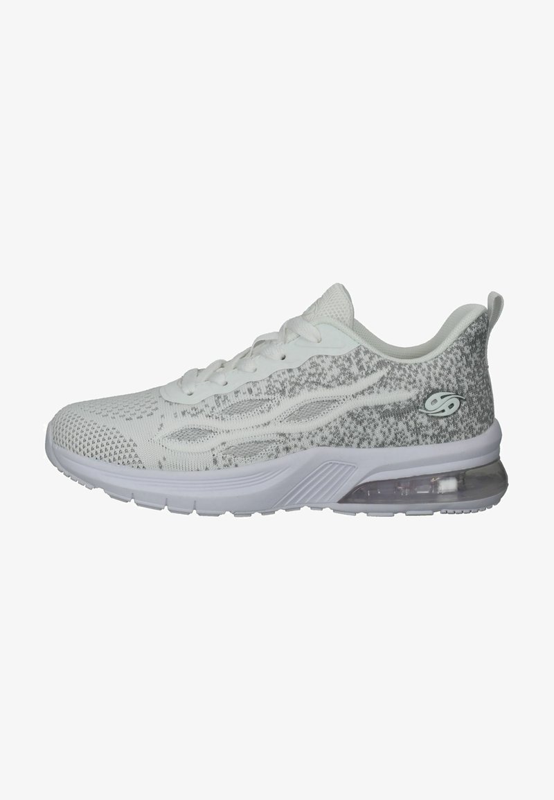 Witte sportschoenen met een gestructureerde grijze breisel bovenkant, vetersluiting, gewatteerde kraag en een transparante luchtzool voor demping.