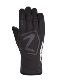 Schwarze Winterhandschuhe mit verstärktem Griff, ausgestattet mit einem Logo und strukturierten Akzenten. Glattes Material mit langer Handgelenkabdeckung für Wärme und Schutz.