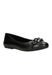 Schwarze Leder-Ballettschuhe mit runder Zehenpartie, ausgestattet mit einem dekorativen Metallkettendetail und einem strukturierten Seitenpaneel.