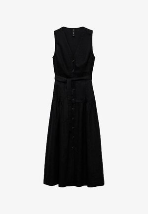 Svart ärmlös klänning med V-ringning, knappstängning i fronten, justerbart bälte i midjan och utsvängd nederkant. Tillverkad av linne.
