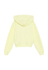 Gelber, verkürzter Hoodie mit weicher Struktur, weiten Ärmeln und einer abgerundeten Kapuze. Verfügt über gerippte Bündchen und Saum für einen taillierten Abschluss.