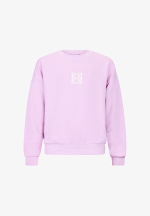 Fioletowa bluza z okrągłym dekoltem i długimi rękawami, z białym, lustrzanym logo "RR" na środku klatki piersiowej.