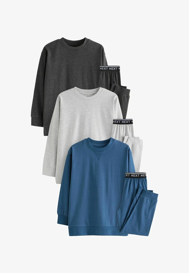 Cuatro conjuntos de ropa de estar por casa a juego. Colores: gris oscuro, gris claro y azul. Material de algodón, sudaderas de cuello redondo, pantalones con cinturilla elástica.