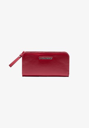 Crveni pravokutni novčanik s patentnim zatvaračem i narukvicom za nošenje, sa logotipom brenda Stradivarius centriranim na prednjem dijelu.