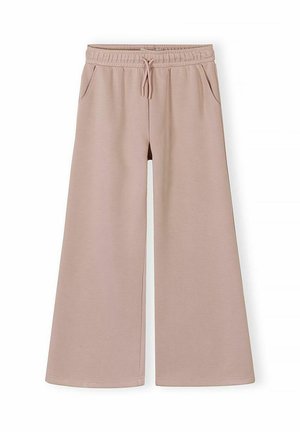 Wide-leg beige pants with elastic waistband and drawstring, featuring side pockets, displayed against white background.