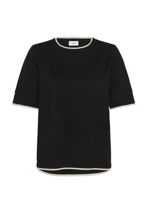 Crna majica kratkih rukava s okruglim izrezom i bež detaljima na ovratniku i rubu, s teksturiranom tkaninom i opuštenim krojem.