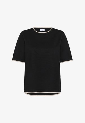 Fekete, rövid ujjú felső kerek nyakkivágással, bézs részletekkel a nyakban és a hemnél, texturált anyagból készült, laza szabással.