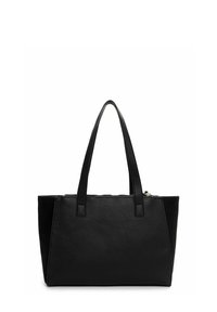 Schwarze, strukturierten Leder-Tote-Bag mit zwei Schulterriemen und einem oberen Reißverschlussverschluss, rechteckige Form mit leicht verjüngten Seiten.