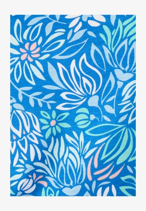 Tessuto blu con motivo floreale composto da foglie e fiori nelle tonalità di rosa, bianco e verde chiaro. Tessitura morbida con disegni misti.