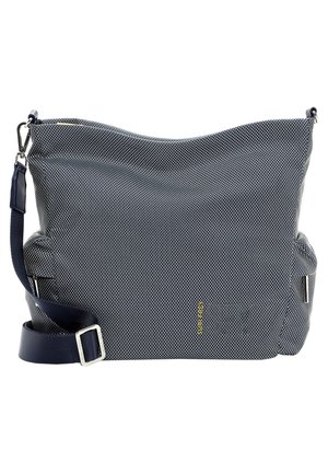 Sac à main en toile bleu marine avec un design décontracté, doté d'un fond lisse, d'une bandoulière ajustable et d'accents en métal. Logo de la marque en jaune sur le côté.