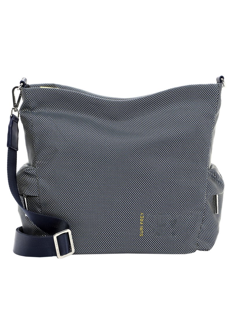 Borsa in tessuto blu navy con design morbido, caratterizzata da un fondo liscio, tracolla regolabile e accenti metallici. Logo giallo del brand sul lato.