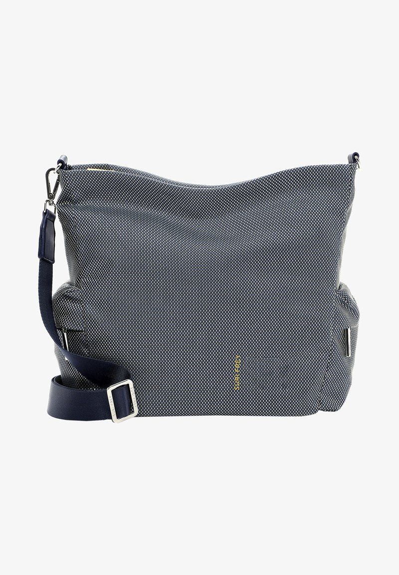 Borsa in tessuto blu navy con design morbido, caratterizzata da un fondo liscio, tracolla regolabile e accenti metallici. Logo giallo del brand sul lato.