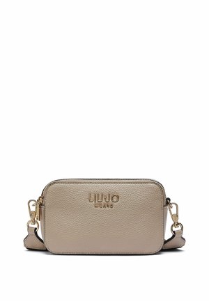 Beige tekstureret rektangulær crossbody-taske med guldfarvet hardware og logo "Liu Jo Milano" på forsiden, med aftagelig rem.
