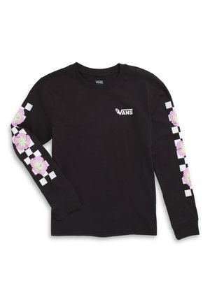 Zwart shirt met lange mouwen met roze bloemenprints en ruitpatronen op de mouwen. Gemaakt van katoen met een ronde hals.