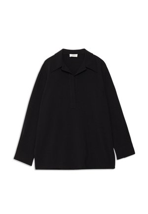 Black long-sleeve top with a collar, featuring a front placket and relaxed fit. Made from a soft, smooth fabric without patterns or embellishments.