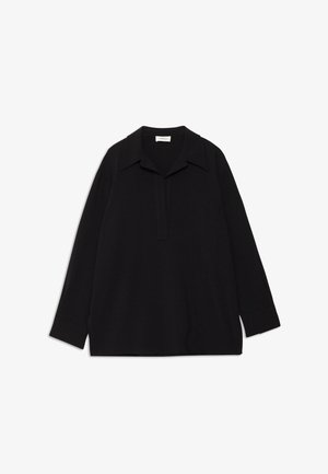 Black long-sleeve top with a collar, featuring a front placket and relaxed fit. Made from a soft, smooth fabric without patterns or embellishments.
