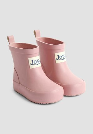 Roze Gummistiefel mit glatter Oberfläche, abgerundeter Spitze und geprägtem Markenlabel. Sie verfügen über einen niedrigen Absatz und Zuglaschen für einfaches Anziehen.