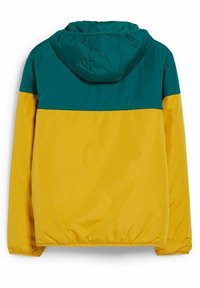 Kapuzensweatjacke mit Farbblock-Design, oberer Bereich in Türkis und unterer Bereich in Gelb. Hergestellt aus einem glatten, leichten Stoff.