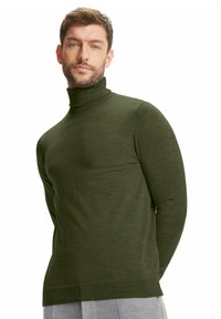 Dunkelgrüner Rollkragenpullover aus weichem Material, mit taillierter Passform, langen Ärmeln sowie gerippten Bündchen und Saum.