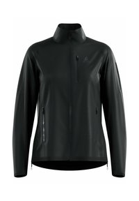 Schwarze, leichtgewichtige Jacke mit durchgehendem Reißverschluss, Reißverschlusstaschen auf der Brust und an den Seiten sowie hohem Kragen, entworfen für den Einsatz im Freien.