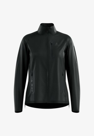 Veste légère noire avec fermeture éclair sur toute la longueur, poches zippées sur la poitrine et sur les côtés, et col haut, conçue pour une utilisation en extérieur.