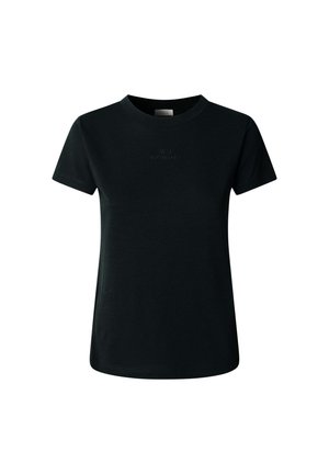 Čierne tričko s krátkym rukávom a okrúhlym výstrihom s jemne vyšívaným textom "W.H NOTHING NEW" na hrudi, zobrazené na bielom pozadí.