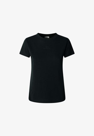 Čierne tričko s krátkym rukávom a okrúhlym výstrihom s jemne vyšívaným textom "W.H NOTHING NEW" na hrudi, zobrazené na bielom pozadí.