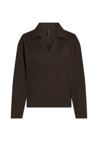 Cămașă polo lungă, de culoare maro, cu un material texturat în dungi, având un decolteu în V și un logo vizibil pe pieptul stâng.