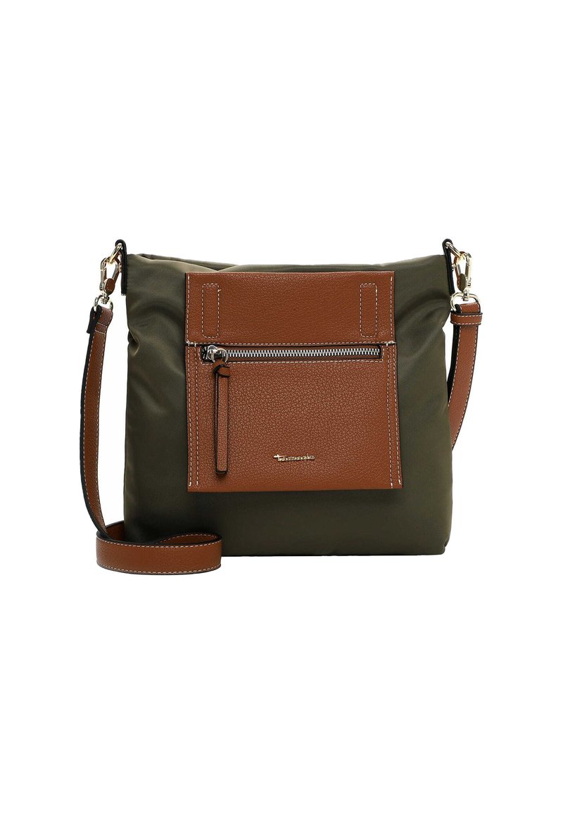 Nylon crossbody bag in olive green with a brown leather front pocket, zip closure, and adjustable strap. Features gold-toned hardware.