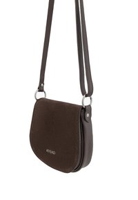 Brown crossbody bag, combination of smooth and textured materials, rounded flap, silver hardware, adjustable strap, branded detail on front.