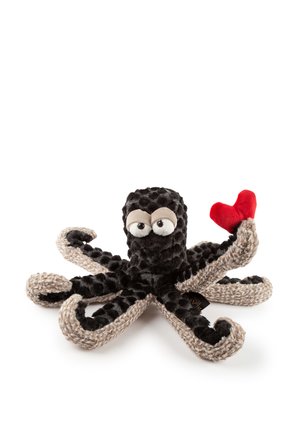 Jouet pieuvre en peluche avec un corps noir doux, des tentacules texturés de couleur brun clair, de grands yeux et un petit cœur rouge sur un bras.