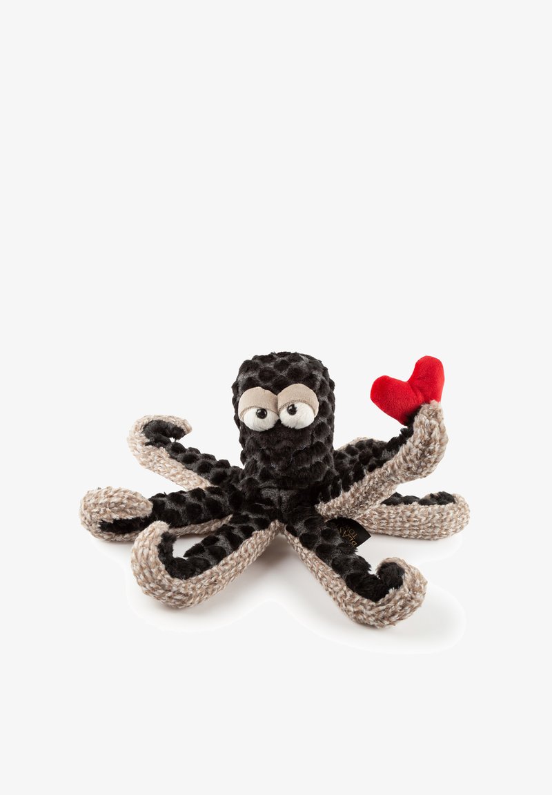 Jouet pieuvre en peluche avec un corps noir doux, des tentacules texturés de couleur brun clair, de grands yeux et un petit cœur rouge sur un bras.