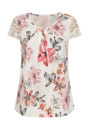 Blomstret bluse med korte blondermer, kremfarget bunn, med rosa, oransje og grå blomster. Lett stoff, rund halsringning, løstsittende passform.