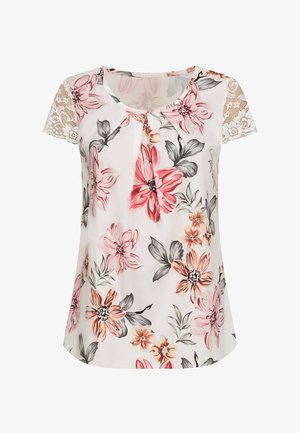 Floral blouse with short lace sleeves, cream base, featuring pink, orange, and gray flowers. Lightweight fabric, round neckline, relaxed fit.