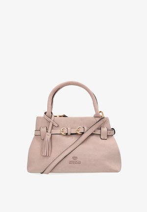 Borsa a tracolla in camoscio rosa con doppio manico, tracolla removibile, dettagli con chiusura a scatto e un nappa decorativa sul lato. Dettagli in metallo dorato.