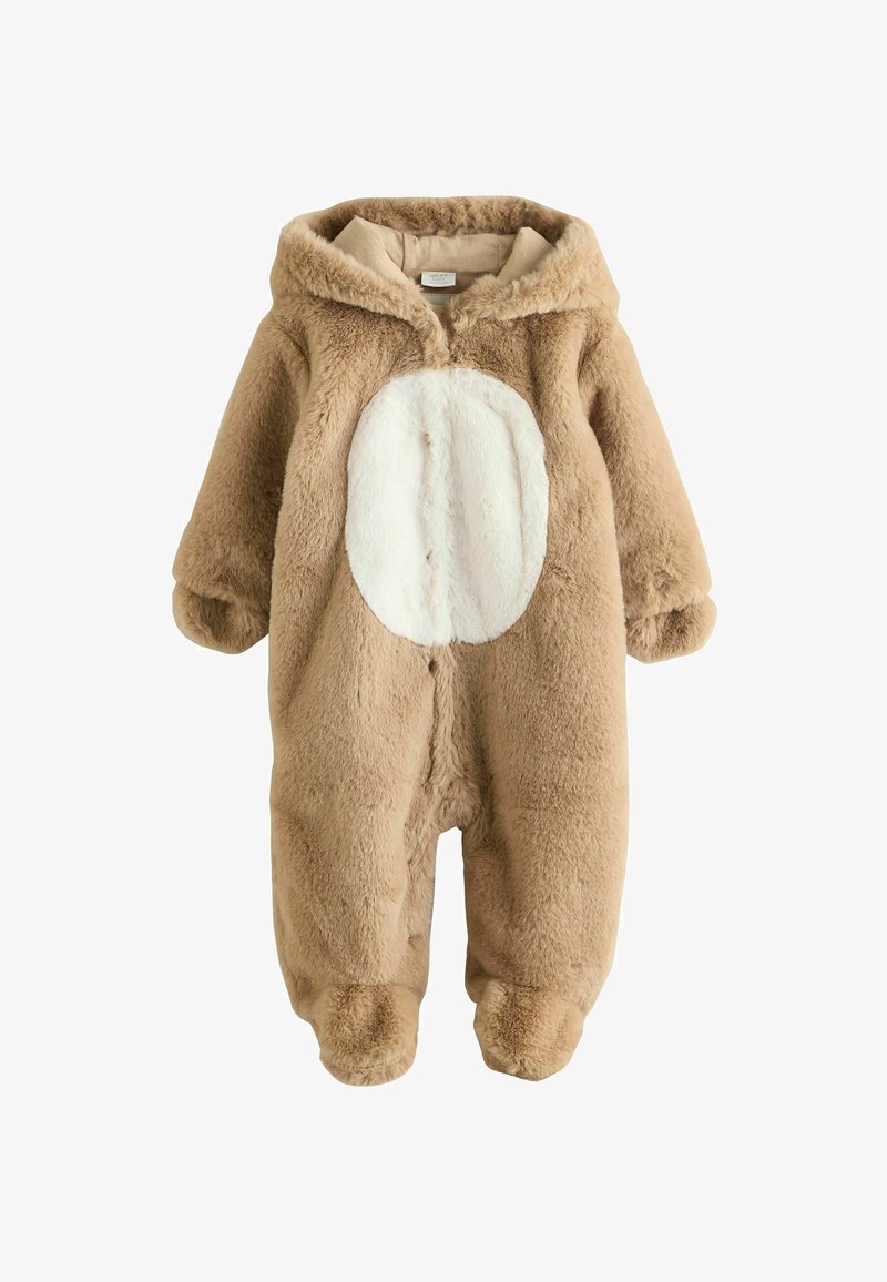 Body bébé marron doux avec capuche, patch ovale blanc à l'avant, manches longues et pieds couverts de tissu peluche.