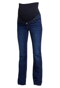Graviditetsjeans i mörkblå denim med ett stretchy svart midjeband, rak bendesign och lätt noppning på framsidan.