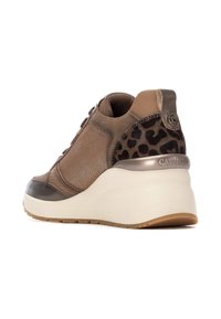 Brown mesh and suede sneaker with a leopard print accent, cushioned wedge sole, metallic heel detail, and rounded toe.