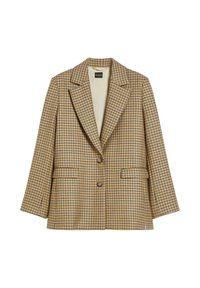 Blazer a quadri beige e blu navy, con rever a lancia, due tasche frontali e chiusura a due bottoni. Tessuto strutturato con vestibilità sagomata.