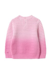 Strickpullover in einem Farbverlauf von Pink, mit gewobener Textur, gerippten Bündchen und Saum, rundem Ausschnitt und einer Knopfleiste mit drei Knöpfen am Rücken.