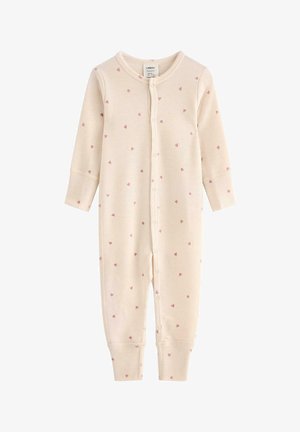 Hvid babybody i cremet farve med lange ærmer og ben, med små lyserøde hjerteprint og trykknapper foran.