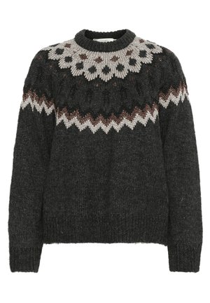 Knit sweater in dark gray with a round neckline. Features a patterned yoke in cream, brown, and dark gray. Soft texture and relaxed fit.