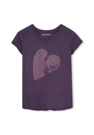 Donkerpaarse T-shirt met korte mouwen en V-hals, voorzien van een hartontwerp met stippen en de tekst "ZADIG" in roze. Zachte stof met een ontspannen pasvorm.
