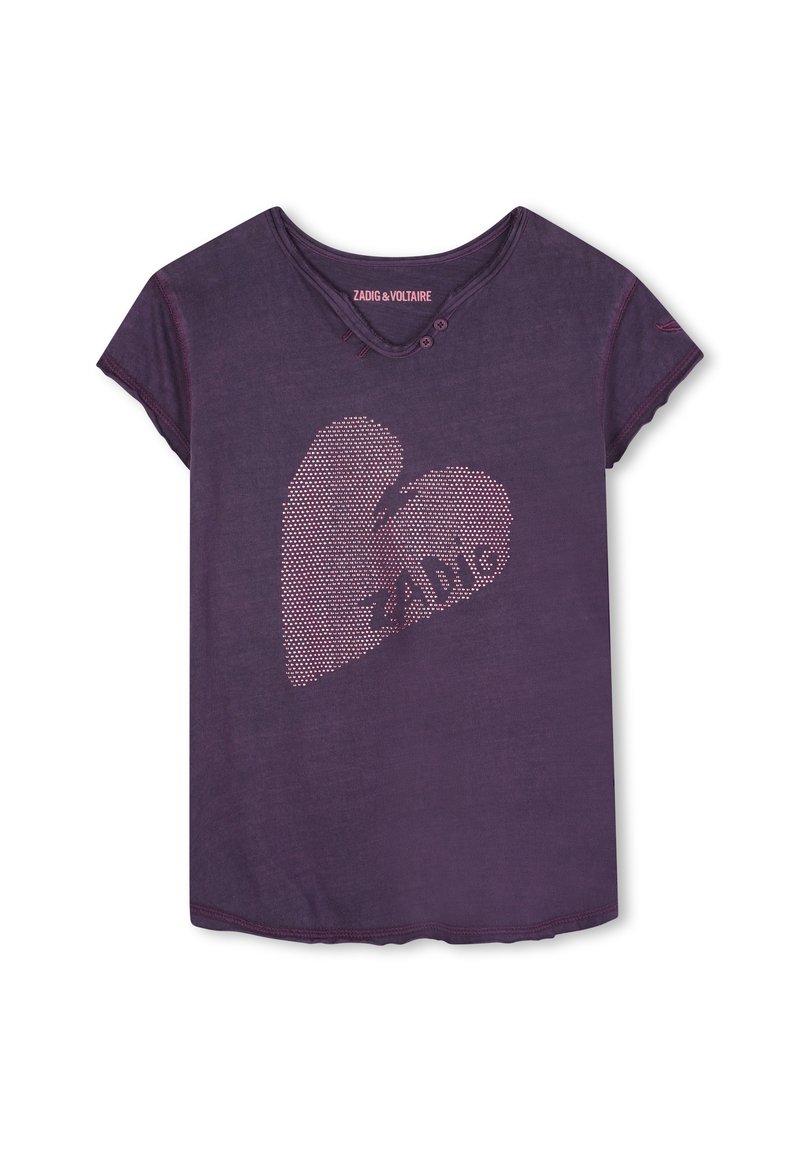 Donkerpaarse T-shirt met korte mouwen en V-hals, voorzien van een hartontwerp met stippen en de tekst "ZADIG" in roze. Zachte stof met een ontspannen pasvorm.