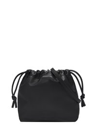 Schwarze Lederzugtasche mit glatter Oberfläche, weicher Form und verstellbarem Schultergurt. Mit geknoteten Akzenten und geprägt Logo.