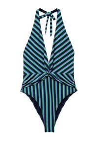 Pruhovaný jednodielny plavky v námorníckej modrej, zelenej a teal farbe. Obsahuje hlboký výstrih do V a skrútený predný detail. Uväzovanie za krkom.