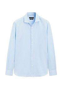 Lichtblauwe long-sleeve shirt van stof, met een klassieke kraag en een knoopsluiting aan de voorkant. Soepele textuur met lange, geknoopte manchetten.