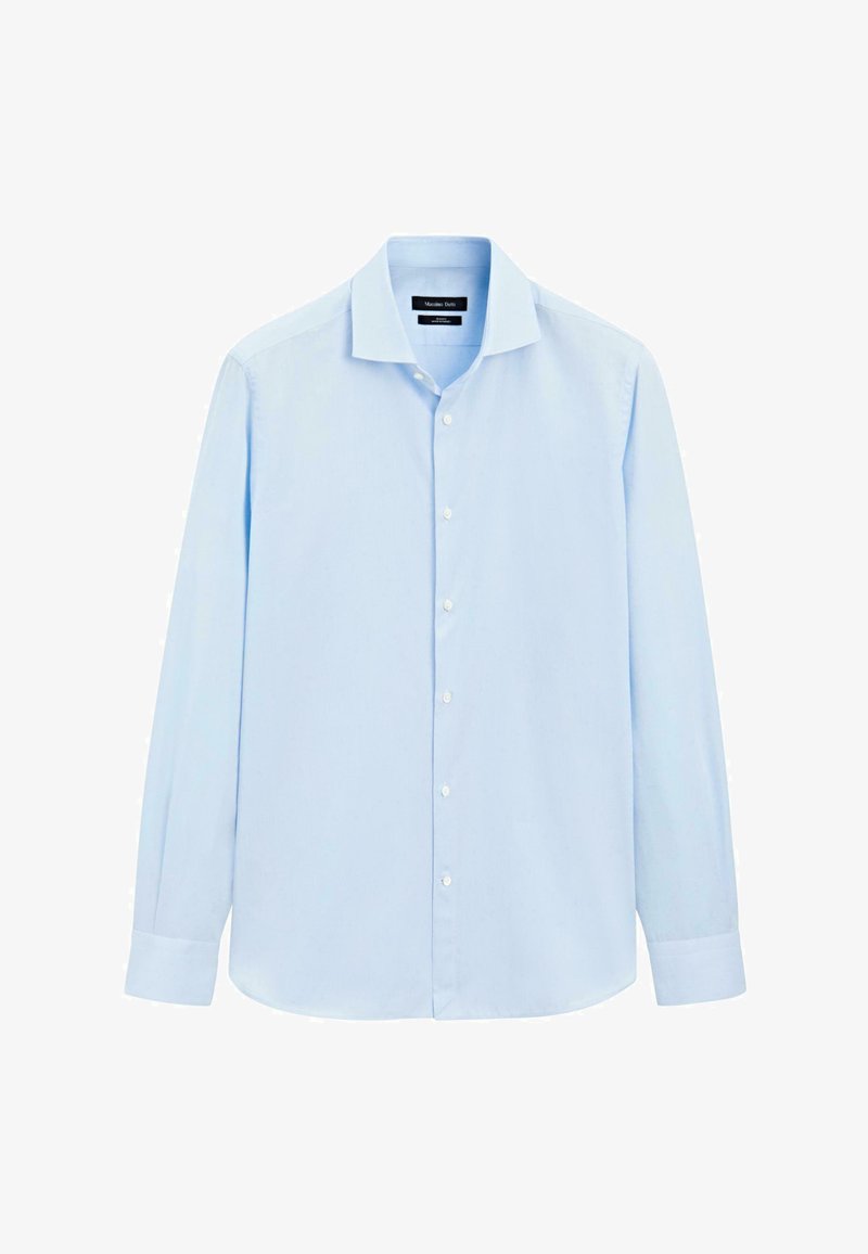 Camicia a maniche lunghe di colore azzurro chiaro in tessuto, con colletto classico e chiusura frontale a bottoni. Texture liscia con polsini lunghi e bottonati.