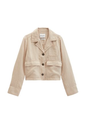 Beige cropped jacket with three dark buttons, three front pockets, a collar, and long sleeves.